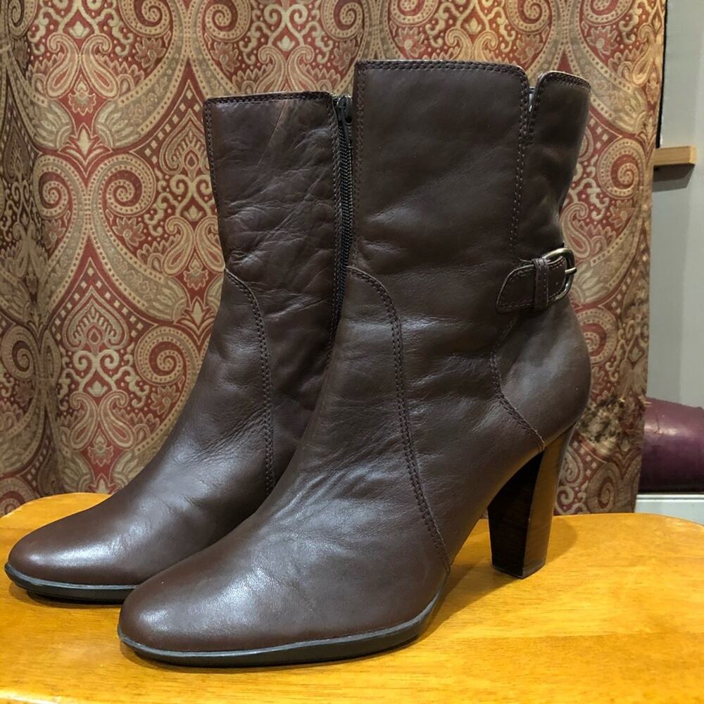 Brown Leather Zipper Boots 3.75" Stacked Block Heel Size 10M